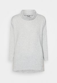 Maglione a collo alto lungo, grigio chiaro, in un tessuto morbido, con una vestibilità rilassata e colletto alto. Presenta un orlo curvo e dettagli minimal.