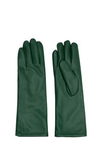 Grüne Lederhandschuhe mit fünf Fingern, glatter Textur, leicht tailliertem Design und kleinem Logoakzent am Handgelenk.