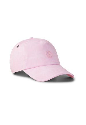 Lichtroze honkbalpet met een gebogen klep, gestikte panelen, ventilatiegaatje en een subtiel gegraveerd rond logo aan de voorkant.