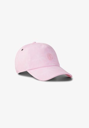 Light pink baseball cap with curved brim, stitched panels, ventilation eyelet, and subtle embossed circular logo on front.