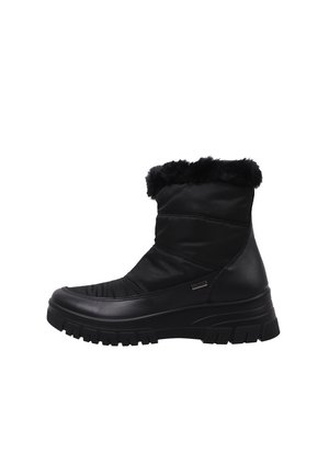 Bota de invierno aislante negra con suela gruesa estriada y forro de piel en la parte superior, diseñada para condiciones frías y nevadas.