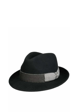Black fedora hat with a wide brim and a dark grey herringbone band featuring a decorative bow on the side.