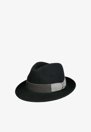 Black fedora hat with a wide brim and a dark grey herringbone band featuring a decorative bow on the side.