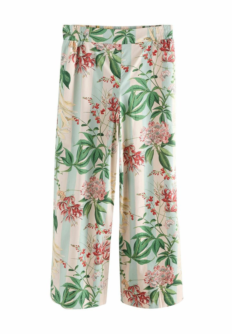 Bloemen wijd-uitlopende broek met een pastelgroen en crèmekleurig gestreept patroon, voorzien van opvallende roze, rode en gele bloemen en groene bladeren.