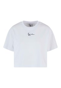 Tricou alb scurt din bumbac, cu mâneci scurte și guler rotund, având logo-ul brodat negru pe față.