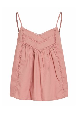 Różowy top na ramiączkach bez rękawów z regulowanymi paskami, koronkową lamówką wzdłuż biustu i boków oraz marszczonym materiałem pod biustem.