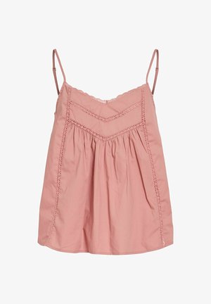 Różowy top na ramiączkach bez rękawów z regulowanymi paskami, koronkową lamówką wzdłuż biustu i boków oraz marszczonym materiałem pod biustem.