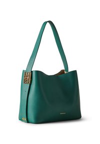 Green leather tote bag with a smooth texture, featuring a gold-toned hardware accent and a spacious, open top design.