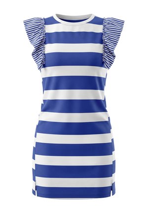Modro-biele horizontálne pásikavé šaty bez rukávov s volánovými detailmi na ramenách a s okrúhlym výstrihom.
