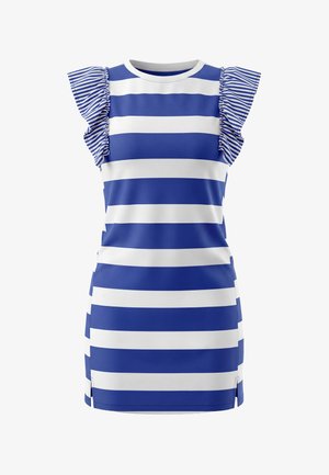 Blå og hvide vandrette stribede ærmeløs kjole med flæsedetaljer på skuldrene og rund halsudskæring.