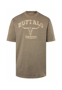Hnědé bavlněné tričko s kulatým výstřihem. Na přední straně je bílý grafický motiv lebky býka a text "BUFFALO WILD-RANCH" ve vintage stylu.