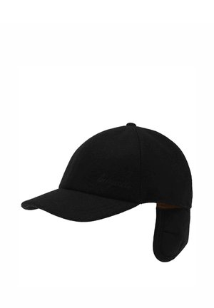 Black baseball cap with ear flaps, curved brim, and subtle stitched logo on the front panel.