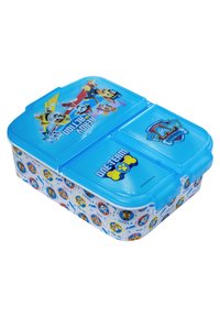 Lunchbox en plastique bleu avec un couvercle, présentant des personnages de chien de dessin animé. Décorée avec des motifs circulaires, elle possède un intérieur divisé et le texte "UNE ÉQUIPE".