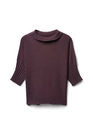 Maglione viola lavorato a maglia con collo alto a costine e maniche corte a costine. Tessuto liscio e vestibilità ampia con orlo dritto.