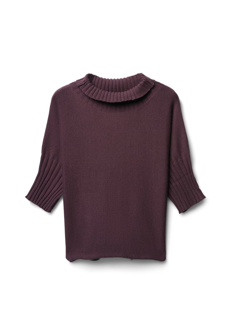 Pull en tricot violet avec un col haut en côtes et des manches courtes en côtes. Texture lisse et coupe décontractée avec un ourlet droit.
