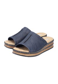 Sandales en cuir marine à bout ouvert, avec des semelles en forme de liège et des accents cousus, présentant une texture lisse et un design décontracté.