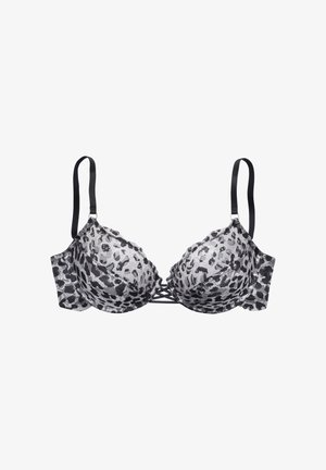 Black and gray leopard print bra with padded cups, underwire support, lace overlay, and adjustable straps. Features crisscross detailing at center.