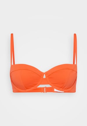 Orange underwire bikini top with adjustable straps, molded cups, and a hook-and-eye closure at the back. Smooth fabric, no patterns.