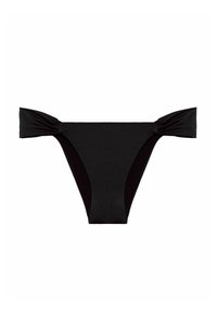 Czarny dół bikini wykonany z gładkiego, elastycznego materiału, z przekręconymi akcentami po bokach i eleganckim, minimalistycznym designem.