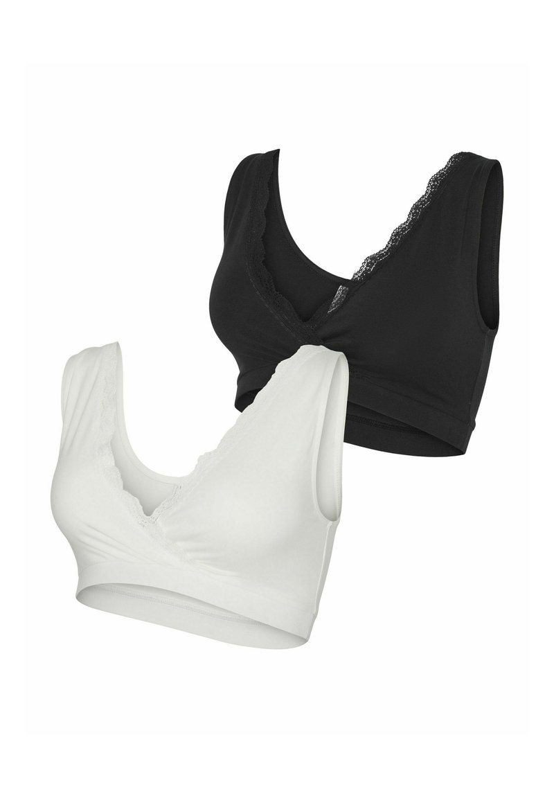 Black and white bralette set featuring a v-neck design, lace trim along the neckline, and soft, stretchy fabric for comfort.