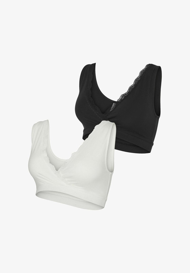 Black and white bralette set featuring a v-neck design, lace trim along the neckline, and soft, stretchy fabric for comfort.