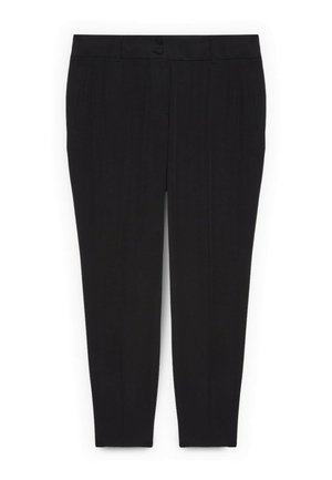 Czarne, dopasowane, wąskie spodnie z prasowaniem z przodu, szlufkami na pasek i zapięciem na guzik, zaprojektowane do noszenia formalnego lub biznesowego.
