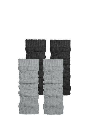 Two pairs of knitted legwarmers; one gray and one black. They feature a ribbed texture with a scrunched design at the top and bottom edges.