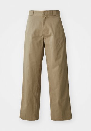 Khaki wide-leg trousers made of cotton blend fabric, featuring a single button closure and visible side pockets. Smooth texture, crease detail.