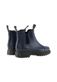 Botas de tobillo de goma en color navy con paneles laterales elásticos, pestañas de tiro y suelas texturizadas en negro para una mejor adherencia y estabilidad.