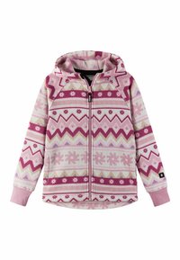 Rosa gemusterter Hoodie mit einem geometrischen Design und Schneeflocken-Highlights, aus weichem Stoff gefertigt, mit einem durchgehenden Reißverschluss und einer Kapuze mit Kordelzug.