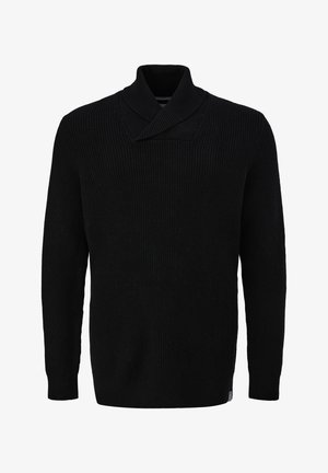 Schwarzer Strickpullover mit Schalkragen, gerippter Textur, langen Ärmeln und geradem Schnitt. Keine sichtbaren Muster oder Akzente.