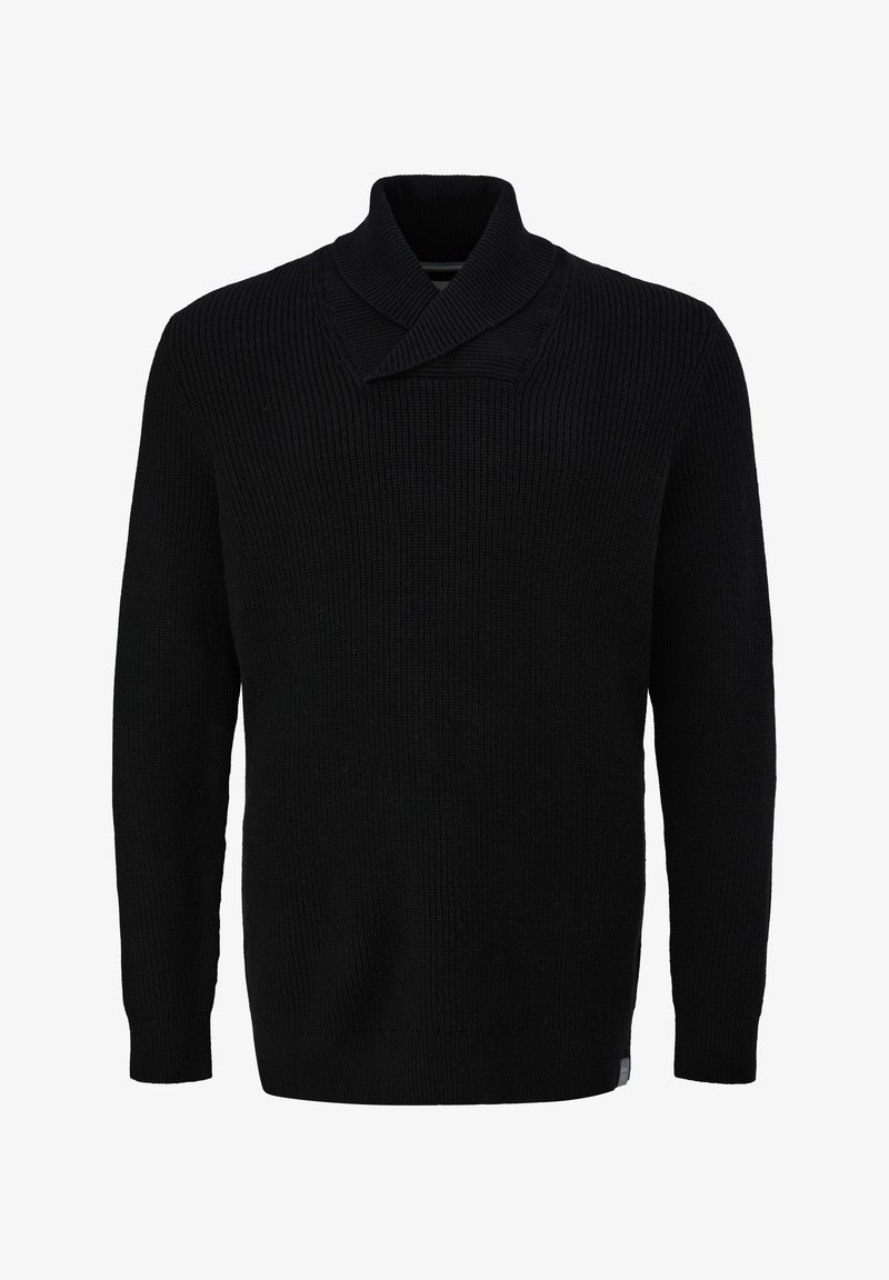 Zwarte gebreide trui met een sjaalkraag, ribbeltextuur, lange mouwen en een rechte pasvorm. Geen zichtbare patronen of accenten.