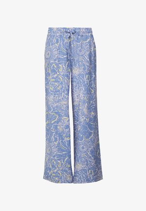 Jasnoniebieskie kwiatowe spodnie z elastycznym pasem i sznurkiem. Charakteryzują się odważnym białym i zielonym wzorem kwiatowym na strukturalnej tkaninie.