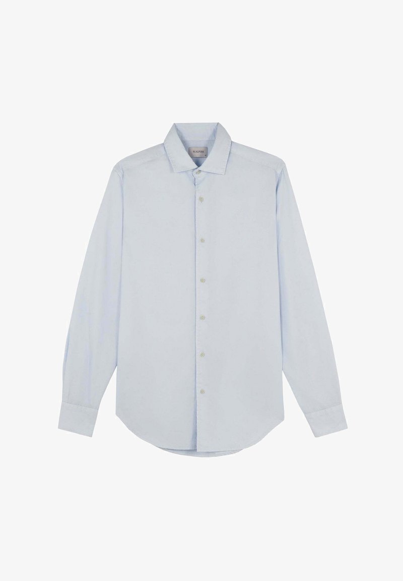 Cămașă albastră deschisă cu mânecă lungă, confecționată dintr-o tesătură cu textură netedă. Are un guler clasic, închidere cu butoni și tiv rotunjit.