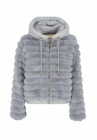 Giacca puffer in finta pelliccia grigia con design imbottito, polsini elasticizzati, cappuccio e dettagli in hardware dorato. Presenta una chiusura con zip e superficie texture.