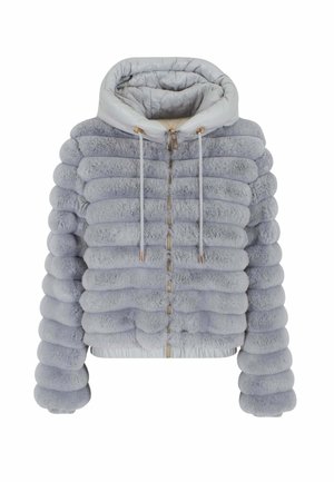 Giacca puffer in finta pelliccia grigia con design imbottito, polsini elasticizzati, cappuccio e dettagli in hardware dorato. Presenta una chiusura con zip e superficie texture.