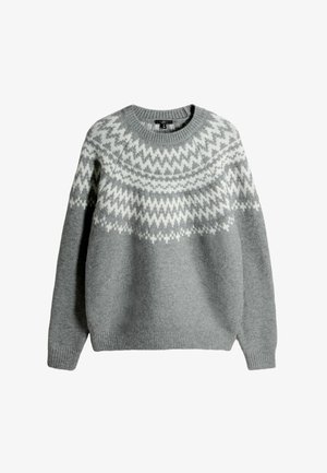 Gray sweater with a round neckline, featuring a white zigzag pattern at the yoke. Made of soft wool, with ribbed cuffs and hem.