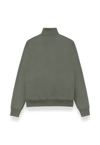 Olivgrön sweatshirt med högkrage, ribbad mudd och nederkant. Slät bomullsblandning, med en minimalistisk design utan mönster.