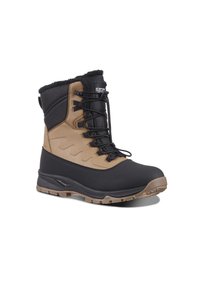 Zimní boty s designem v hnědé a černé barvě, syntetický svršek, texturovaný povrch, šněrování vpředu a odolná gumová podrážka pro lepší přilnavost.