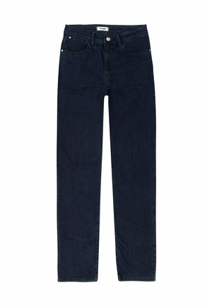 Jean en denim bleu foncé, coupe droite, style cinq poches, fermeture à bouton avec quincaillerie en métal, texture lisse, sans motifs visibles.