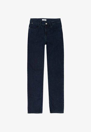 Dunkelblaue Jeans aus Denim, gerade Passform, Fünf-Taschen-Stil, Knopfverschluss mit Metallbeschlägen, glatte Textur, keine sichtbaren Muster.