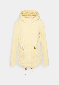 Light yellow hooded jacket with front zipper, adjustable drawstrings at waist and hem, and two flap pockets on front sides.