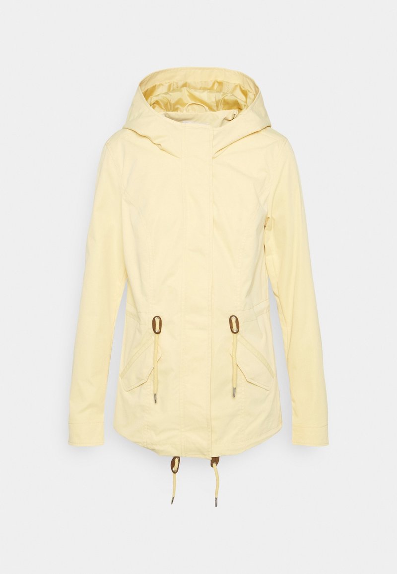 Light yellow hooded jacket with front zipper, adjustable drawstrings at waist and hem, and two flap pockets on front sides.
