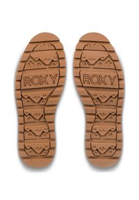 Bruine rubberen schoenzolen met een gestructureerd grippatroon, met "ROXY" prominent in het midden geperst en bergontwerpen langs de randen.