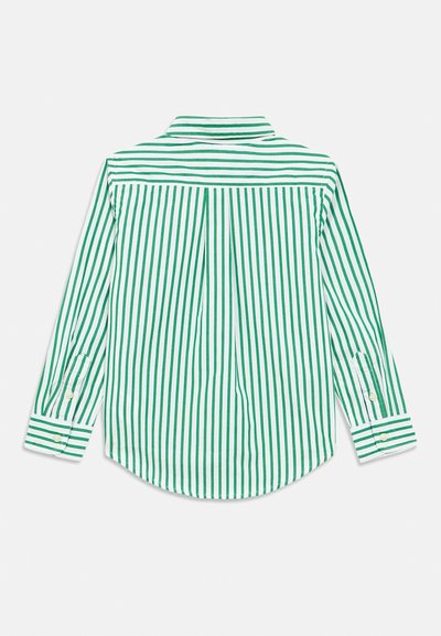 Πράσινο και λευκό ριγέ πουκάμισο με μακριά μανίκια, μυτερό γιακά, μανσέτες με κουμπιά και πιέτα στο πάνω μέρος της πλάτης. Απαλό βαμβακερό ύφασμα.