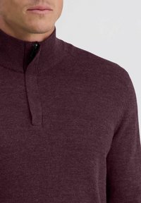 Burgunderfarbener Pullover mit hohem Kragen aus weichem Strickstoff, ausgestattet mit einem Viertel-Reißverschluss am Kragen und einer glatten Textur mit gerippten Akzenten.