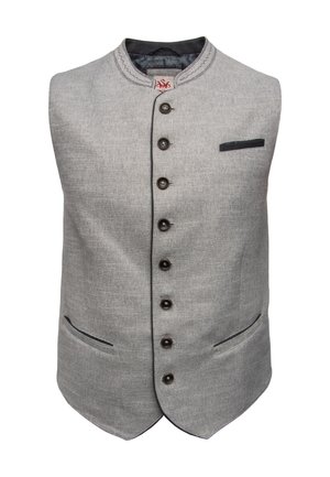 Gray fabric waistcoat with a high collar, six dark buttons, and two front pockets. Accentuated with dark piping and a patterned lining.