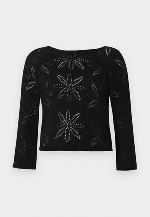 Czarny krótki sweter z długimi rękawami, zdobiony kwiatowym wzorem stworzonym z otwartej struktury dzianiny. Okrągły dekolt i detal w postaci ściągacza u dołu.