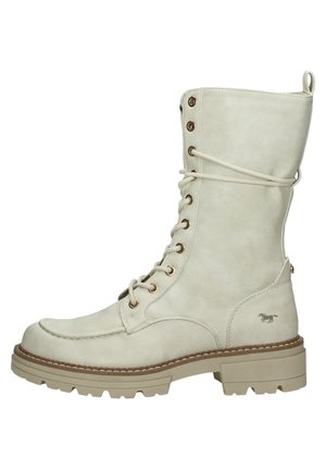 Beige knee-high boot with a smooth, matte leather finish, lace-up front, gold eyelets, and a rugged tan sole. Minor embossed logo detail.