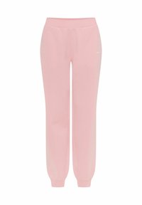 Jasnoróżowe dresy wykonane z miękkiego materiału, z elastycznym paskiem w talii i zakończeniami nogawek w formie ściągacza, z delikatnym detalem logo.